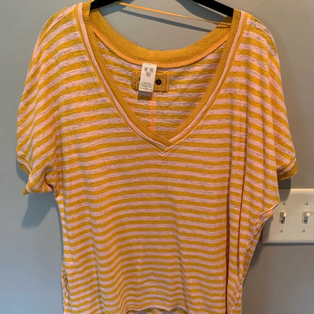 FREE PEOPLE Yellow/Light Pink V-Neck Shirt